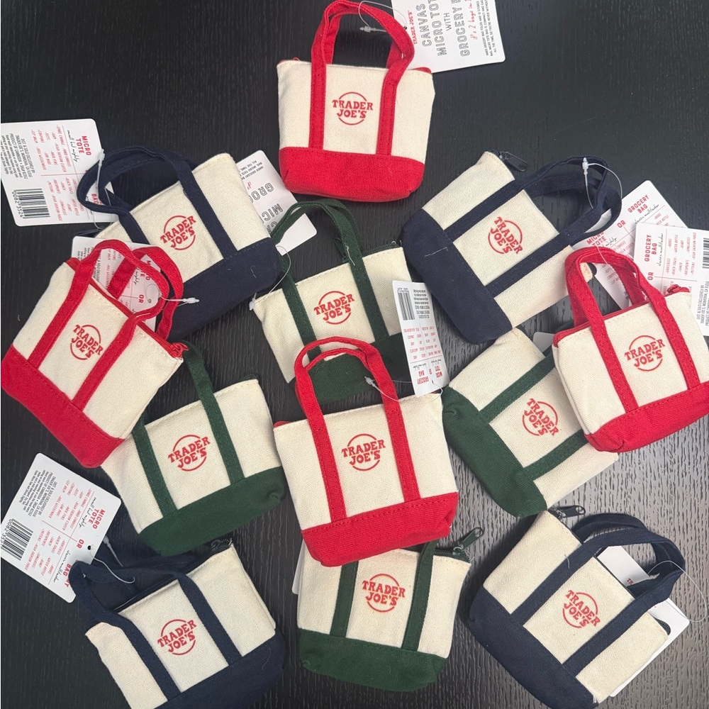 NEW Trader Joe's Canvas Micro Tote Bags with grocery bag - Red, Green, Navy